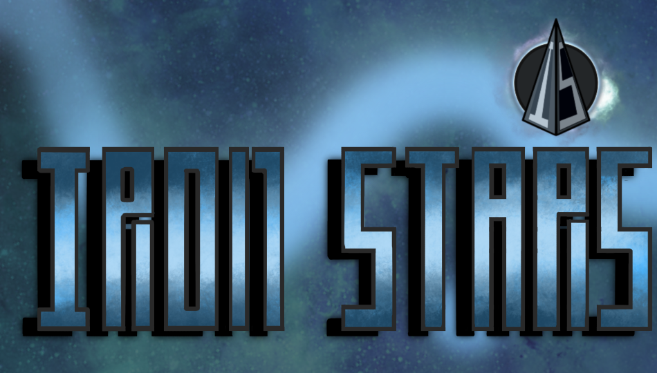 Logo with 'Iron Stars' in metallic blue text on a nebula background with a triangular sci-fi emblem.
